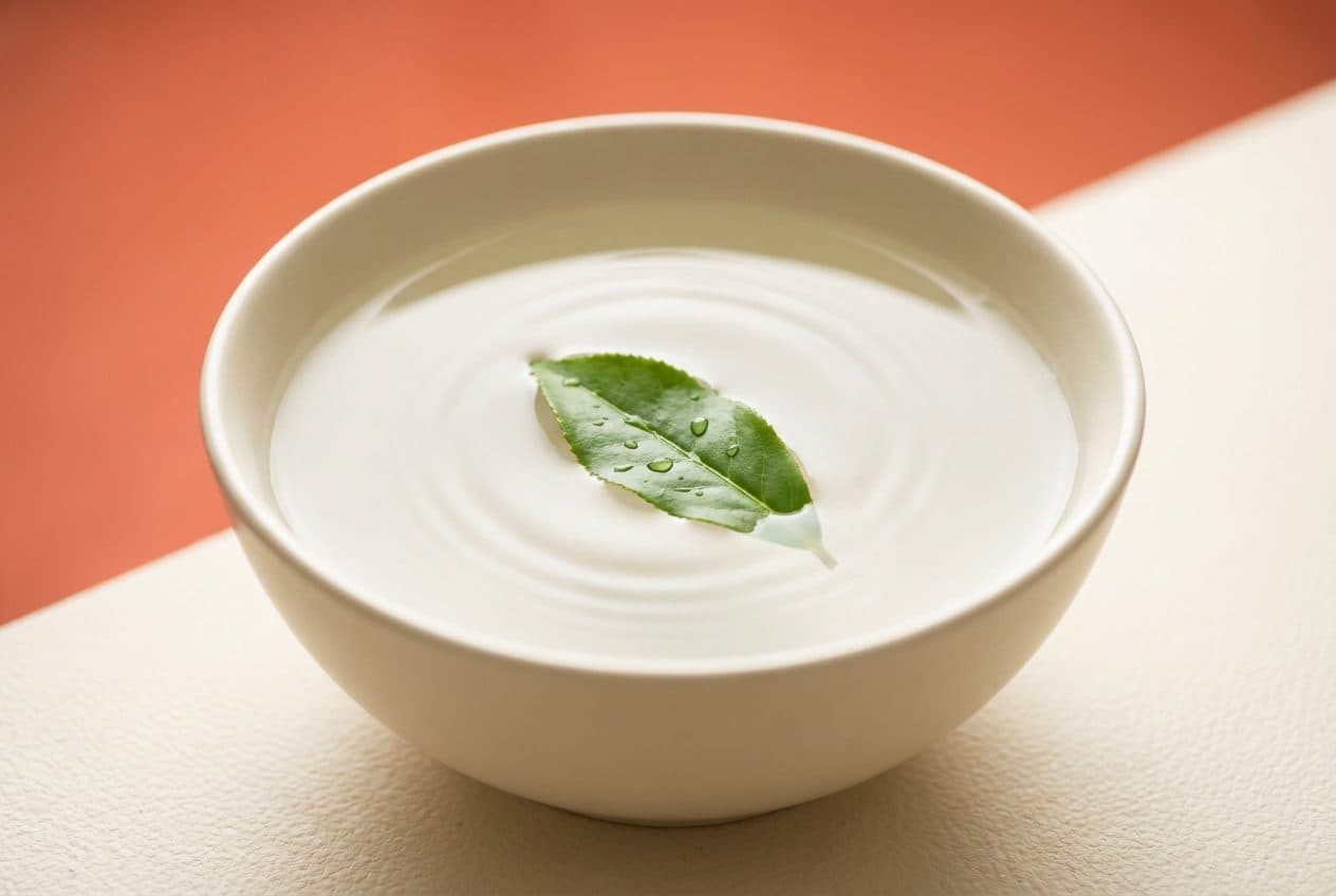A tea leaf on still water, the calm L-theanine adds.
