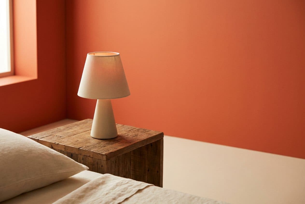 A bedside lamp at dusk, the moment the sleep switch is allowed to flip.