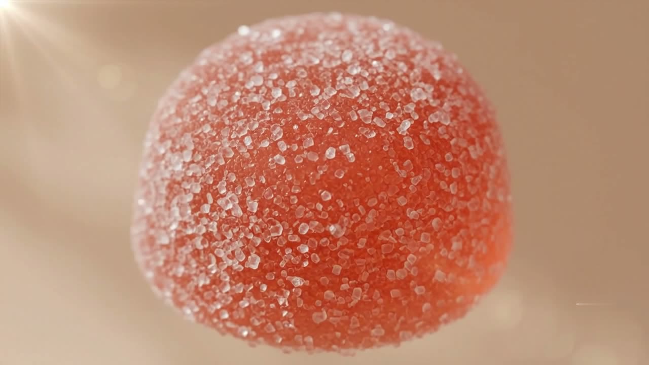 A single frosted, sugar coated AURIX focus gummy in close up