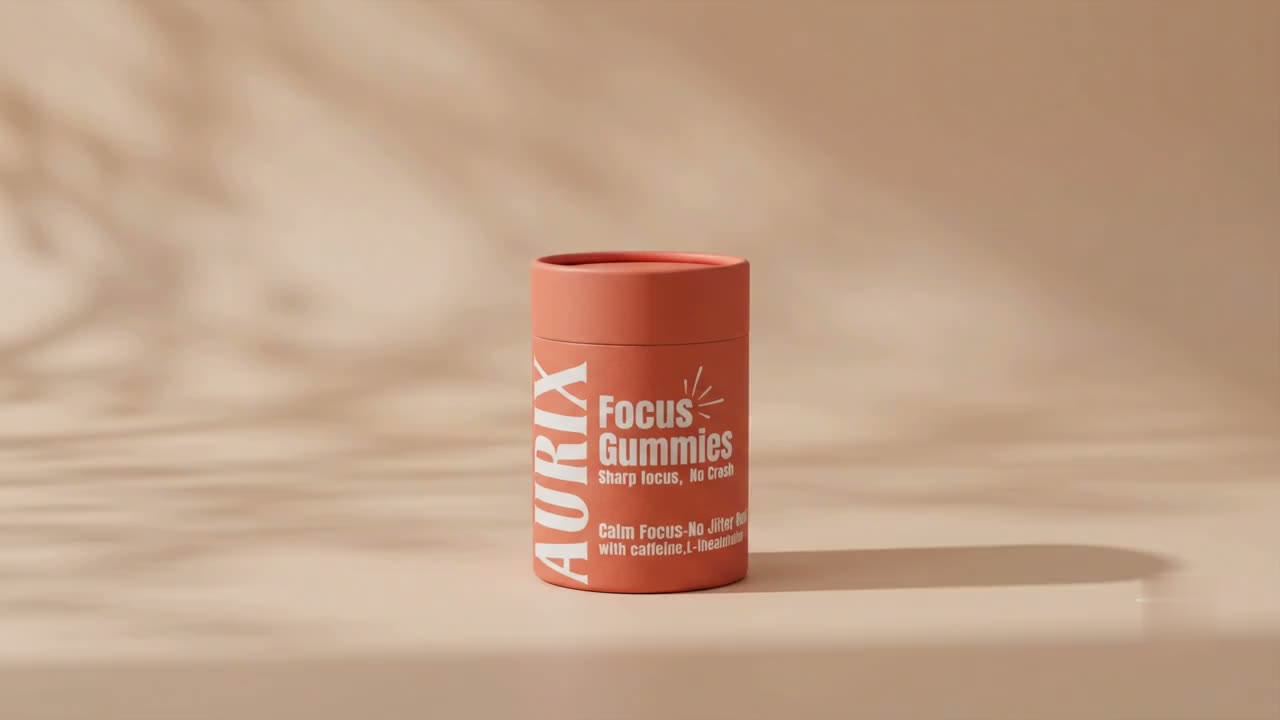 The AURIX Focus Gummies paper tube, coral, standing closed